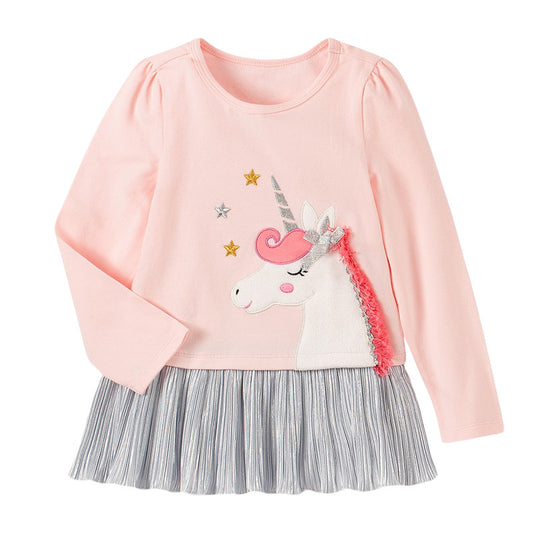 Girls’ Clothing Spring Collection – Unicorn Pattern Children’s Shirt Patchwork Dress