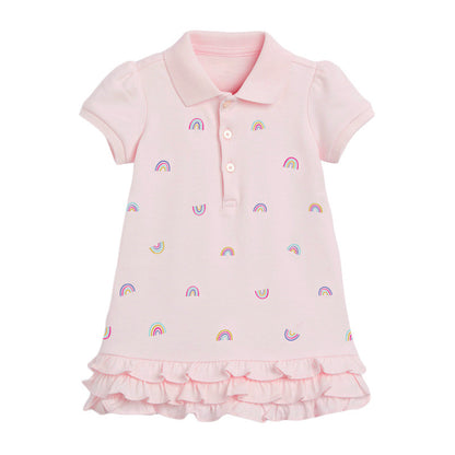 Baby Girl Allover Rainbow Graphic Polo Neck Rufffle Hem Dress