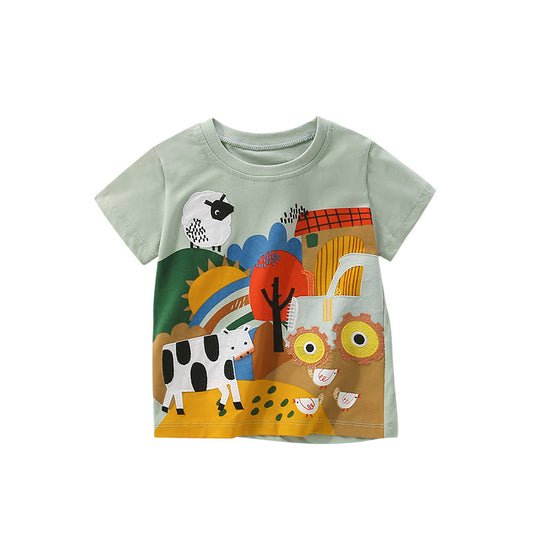 Summer Boys’ Farm Animals Cartoon Pattern T-shirt in European and American Style, MyKids-USA®, Baby & Toddler Tops, MyKids-USA - Size/Age - 110 (3-5Y) - Color - Green -  -  - TR2505311940-A