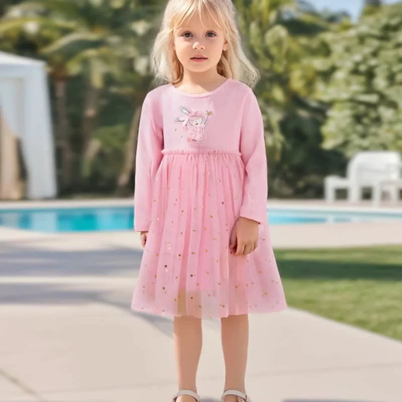 Autumn and Spring Arrival Rabbit Cartoon and Dots Pattern Long Sleeves Crew Neck Dress for Stylish Girls, MyKids-USA®, Baby & Toddler Dresses, MyKids-USA - Size/Age - 90 (12-24M) - Color - Pink -  -  - TR2507171950-A