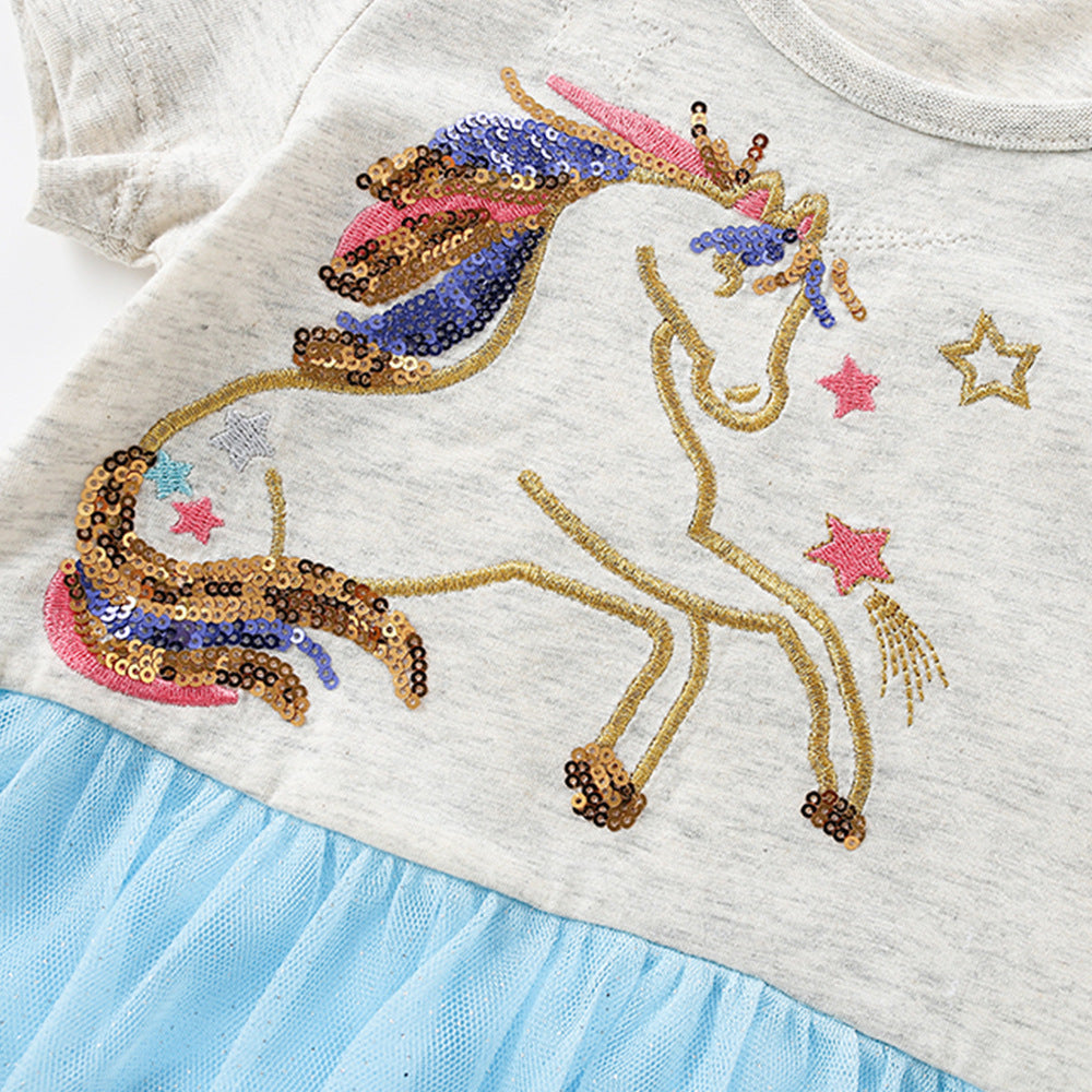 Summer Arrival Horse and Stars Pattern Short Sleeves Crew Neck Dress for Stylish Girls, MyKids-USA®, Baby & Children's Dresses, MyKids-USA -  -  -  -  -  -  - .
