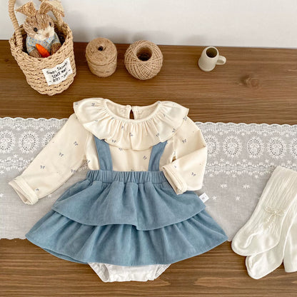 Spring and Autumn Baby Kids Girls Butterfly-bows Pattern Long Sleeves Beige Top and Sleeveless Onesies Overalls Clothing Set, MyKids-USA®, Baby & Toddler Outfits, MyKids-USA -  -  -  -  -  -  - 