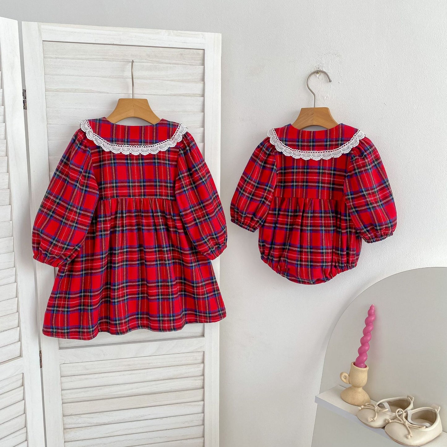 Autumn Baby Girls Plaid Pattern Long-sleeved Turn-down Collar Onesies and Dress – Princess Sister Matching Set
