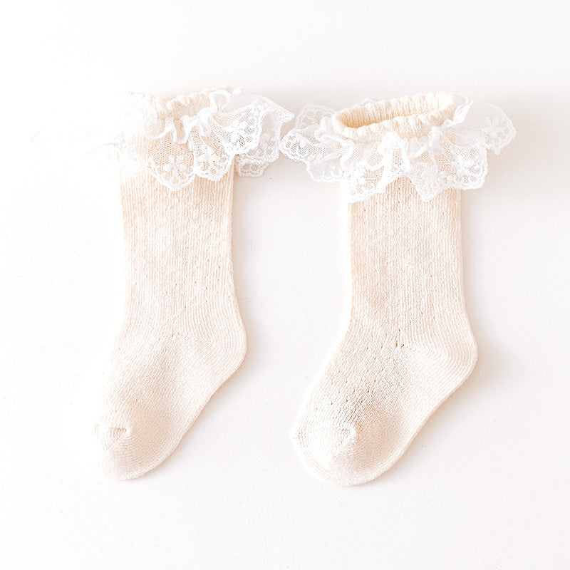 Baby Girl Solid Color Mesh Patched Design Lace Socks