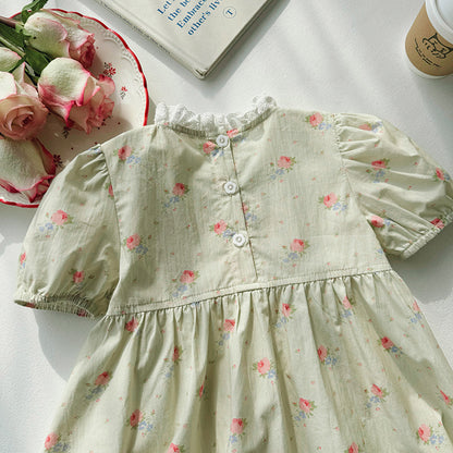Summer Baby Kids Girls Short Sleeves Flowers Pattern Ruffle Neck Princess Dress