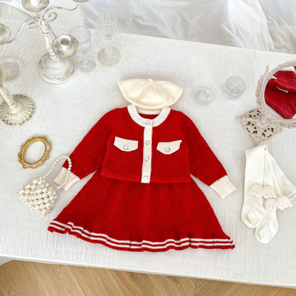 Arrival Autumn Baby Girls Long Sleeves Simple Color Patchwork Knitted Cardigan and Skirt – Clothing Set, MyKids-USA®, Baby & Toddler Dresses, MyKids-USA - Size/Age - 80 (9-12M) - Color - Red -  -  - TR2410131629-B