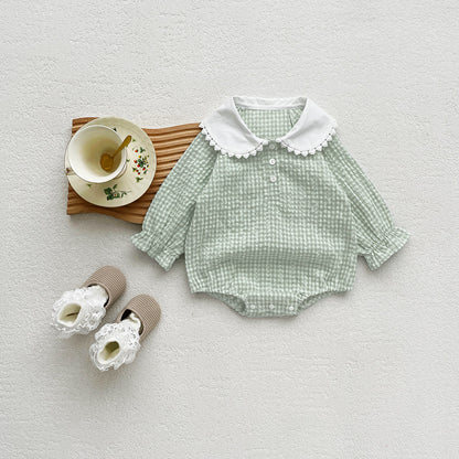 Spring New Arrival Baby Girls Green Plaid Onesie