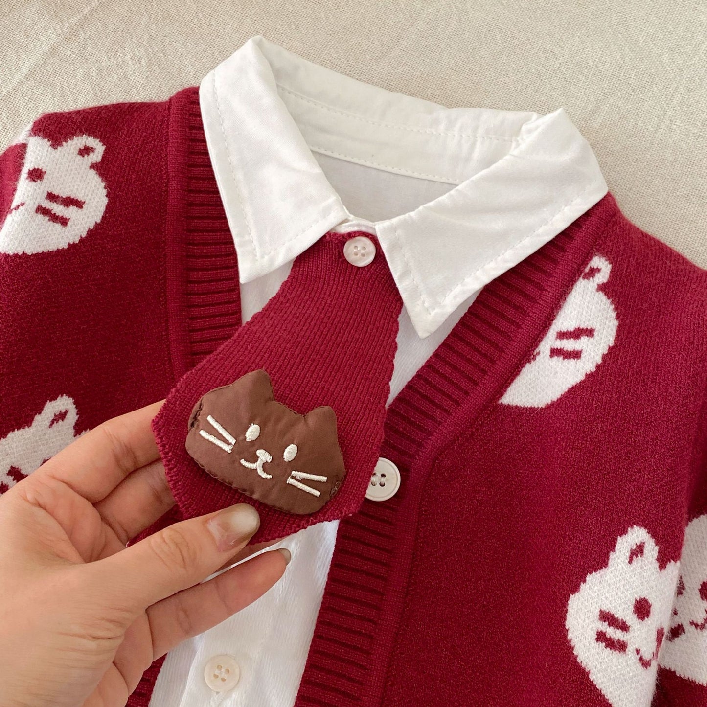 Winter and Autumn Baby Kids Girls Long Sleeves Solid Color Top Shirt, Knitted Pants and Cartoon Pattern Cardigan Clothing Set
