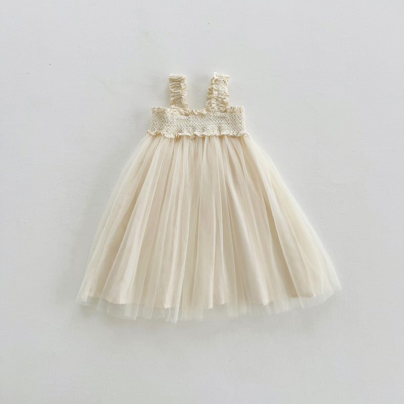 Summer Baby Kids Girls Sleeveless Solid Color Mesh Patchwork Design Off Shoulder Strap Dress, MyKids-USA®, Baby & Toddler Dresses, MyKids-USA - Size/Age - 90 (12-24M) - Color - Apricot -  -  - TR2503111542-A