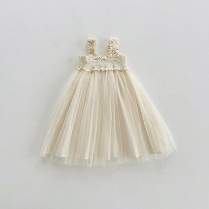 Summer Baby Kids Girls Sleeveless Solid Color Mesh Patchwork Design Off Shoulder Strap Dress, MyKids-USA®, Baby & Toddler Dresses, MyKids-USA - Size/Age - 90 (12-24M) - Color - Apricot -  -  - TR2503111542-A