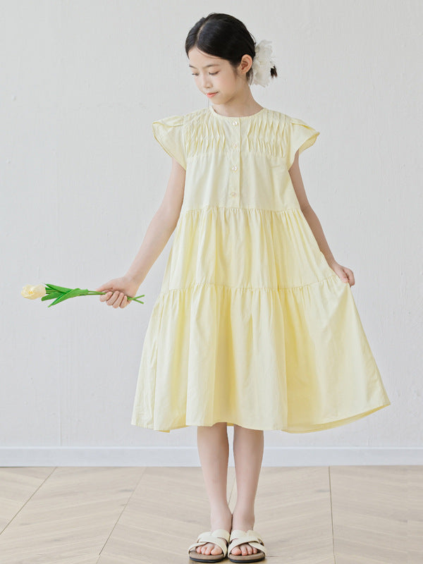 Summer Arrival Short Sleeves Patchwork Design Plain Dress for Stylish Girls