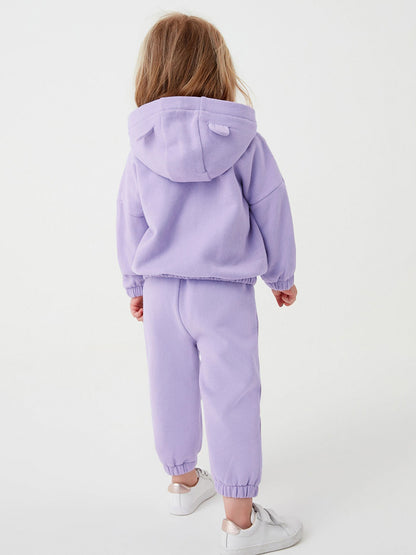 Girls Cozy Solid Color Rabbit Design Zip-Up Hoodie And Pants 2-Piece Set