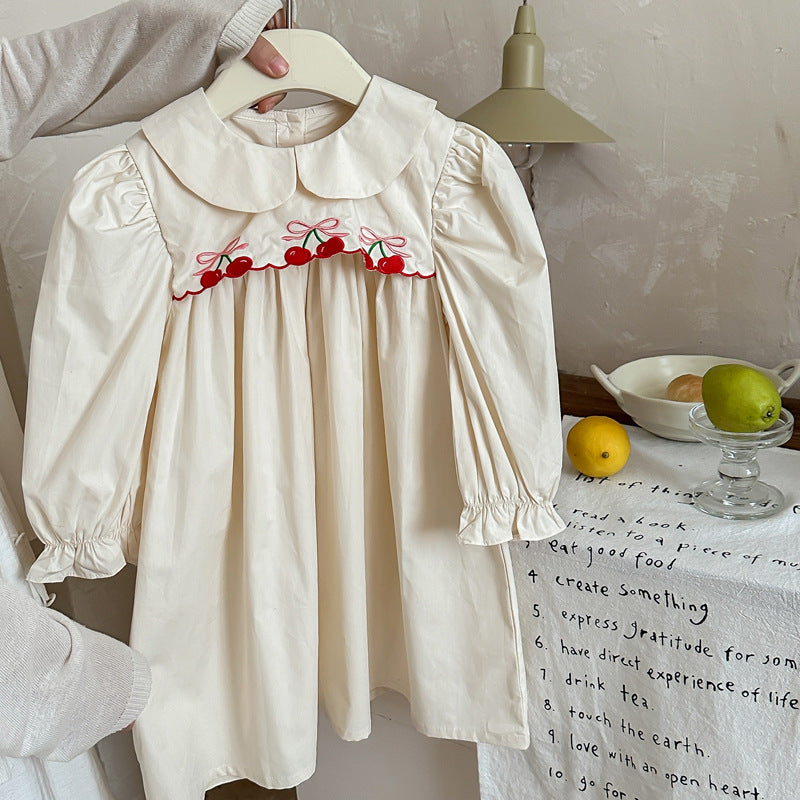Arrival Autumn Girls Cherry Embroidery Long Sleeves Peter Pan Collar Dress, MyKids-USA®, Baby & Toddler Dresses, MyKids-USA - Size/Age - 90 (12-24M) - Color - Apricot -  -  - TR2409232203-A