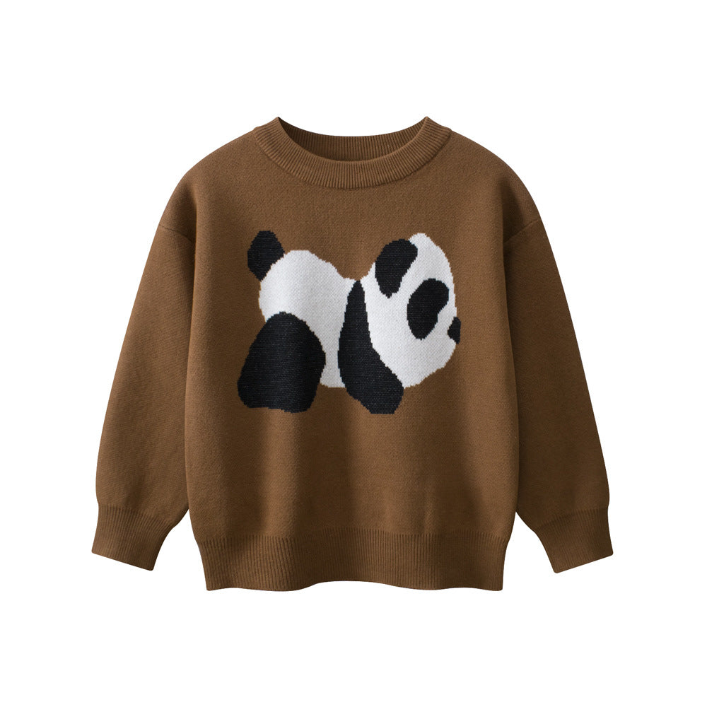 Baby Boy Kids Panda Pattern Crew Neck Long Sleeves Knitwear Pullover