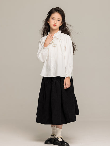 Arrival Autumn Kids Girls Long Sleeves Solid Color Butterfly-bow Pattern Stand Collar Shirt