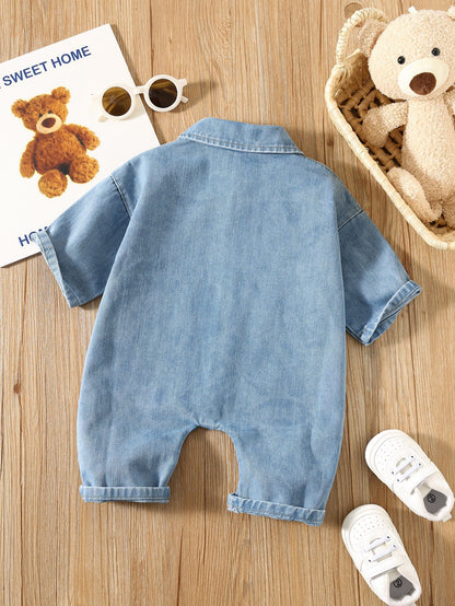 Autumn and Spring Arrival Baby Casual Pocketed Denim Rompers with Turn-down Collar, MyKids-USA®, Baby & Toddler Outfits, MyKids-USA -  -  -  -  -  -  - 