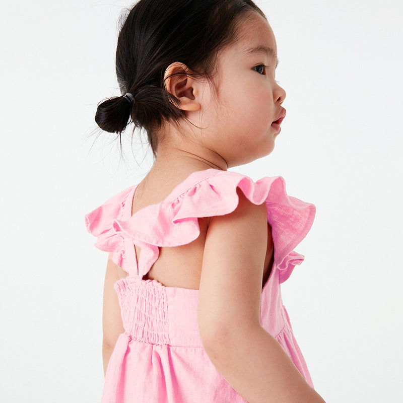 Baby Kids Girls Pink Square Neck Floral Embroidered Fly Sleeves Strap Dress