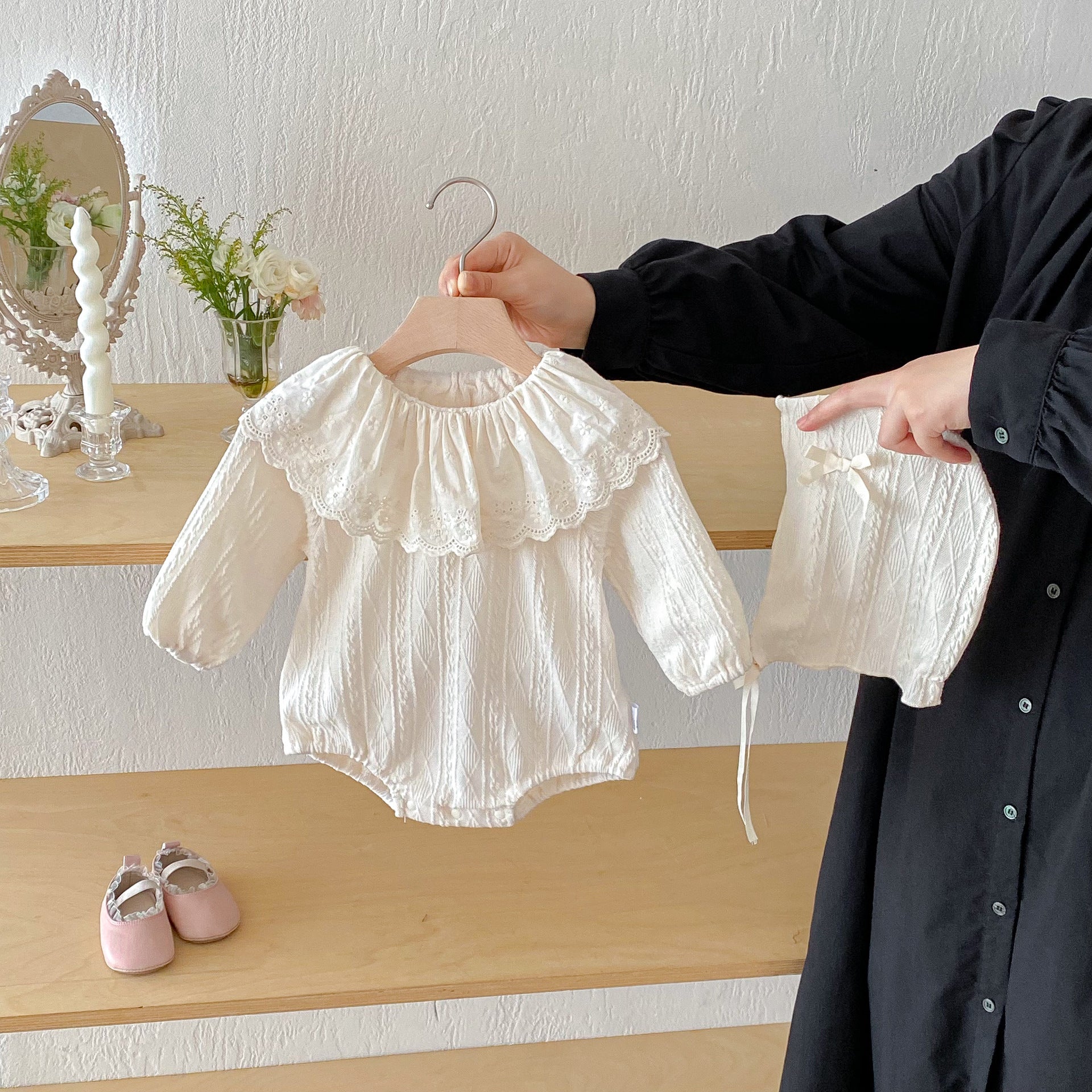 Autumn Arrival Baby Girls Long Sleeves Striped Pattern Hollow-out Collar Onesies with Hat, MyKids-USA®, Baby & Toddler Outfits, MyKids-USA -  -  -  -  -  -  - 