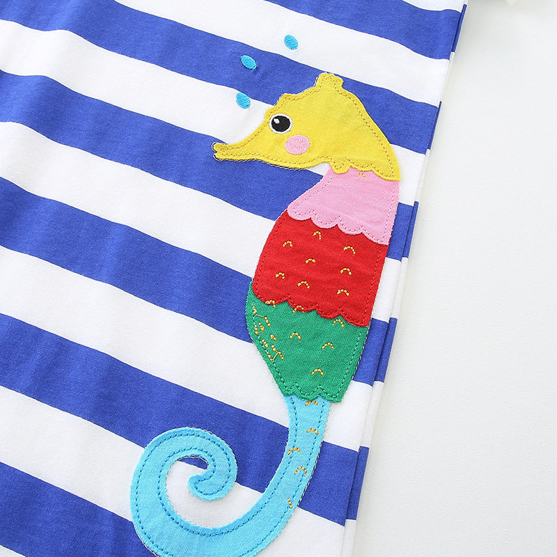 Summer Arrival Baby Girls Cartoon Seahorses Pattern Short Sleeves Striped Dress, MyKids-USA®, Baby & Toddler Dresses, MyKids-USA -  -  -  -  -  -  - 