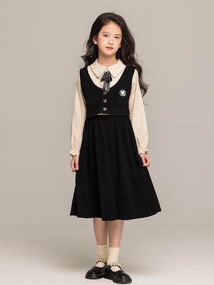 Autumn Arrival Long Sleeves Color Patchwork Preppy One-Piece Dress for Stylish Girls