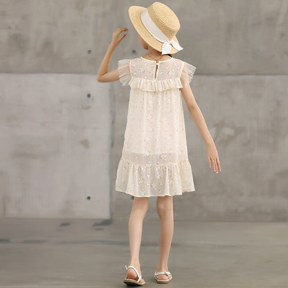 Summer Hot Selling Kids Girls Mesh Patchwork Short Sleeves Floral Print Dress