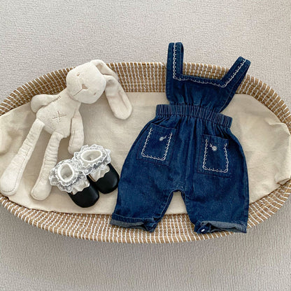Spring Baby And Kids Girls Vintage White Shirt And Denim Overalls/Onesie Clothing Set