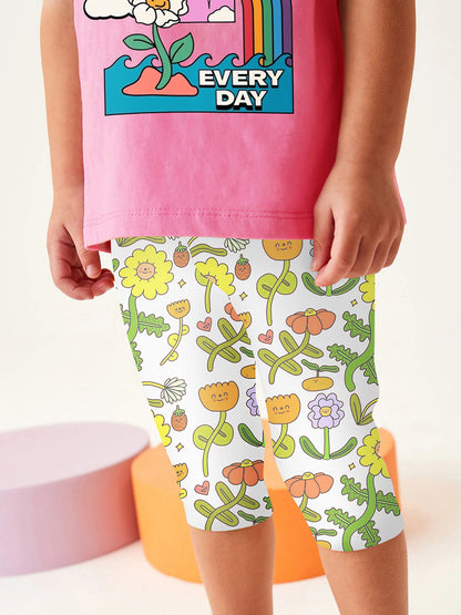 Girls Sunny Day Cartoon T-Shirt And Floral Capri Pants Set