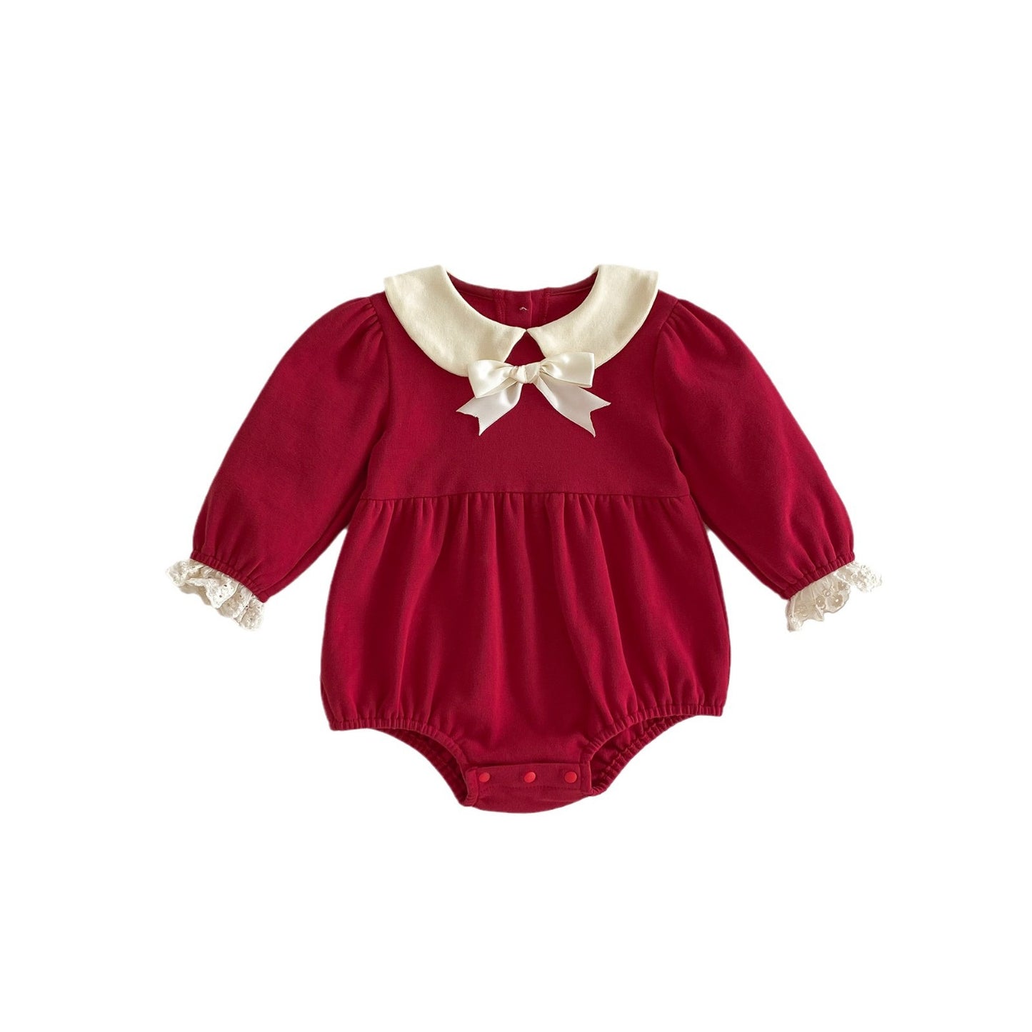 Spring Red Long Sleeves Onesie With White Collar For Girls