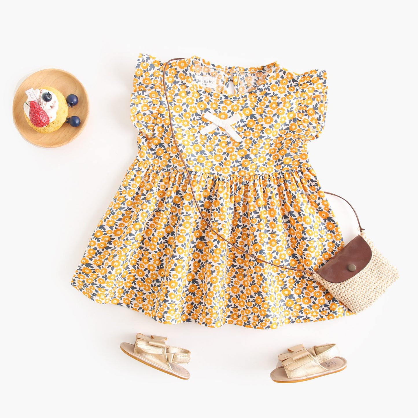 Summer New Arrival Baby Girls Casual Floral Print Fly Sleeves Crew Neck Dress
