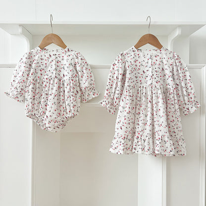 Spring Baby Girls French-style Floral Print Long-sleeved Onesies and Dress – Princess Sister Matching Set, MyKids-USA®, Baby & Toddler Outfits, MyKids-USA -  -  -  -  -  -  - 