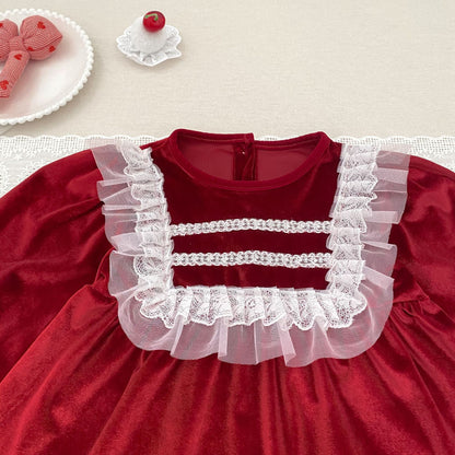 MyKids-USA® Autumn Lace Trim Baby Kids Girls Princess Long Sleeves Dress