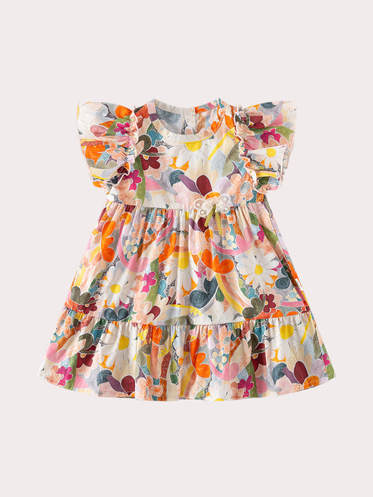 Baby Girls Floral Print Crew Neck Fly Sleeves Dress In Summer, MyKids-USA®, Baby & Toddler Dresses, MyKids-USA - Size/Age - 73 (6-9M) - Color - Colorful -  -  - TR2407201102-A