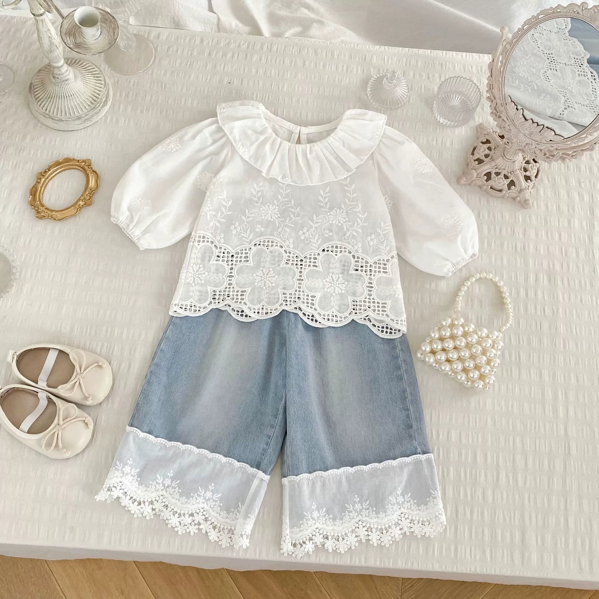 Spring and Autumn Kids Girls Flowers Embroidered Pattern Long Sleeves Hollow-out Top and Denim Pants Clothing Set, MyKids-USA®, Baby & Toddler Outfits, MyKids-USA -  -  -  -  -  -  - 