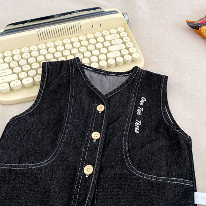 MyKids-USA® Hot Selling Autumn Baby Kids Boys Long Sleeves Dots Pattern Top, Denim Vest and Jeans Set