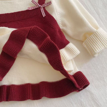 Winter and Spring Baby Kids Girls Long Sleeves Color Patchwork Pullover and Cartoon Pattern Pants Knitted Clothing Set