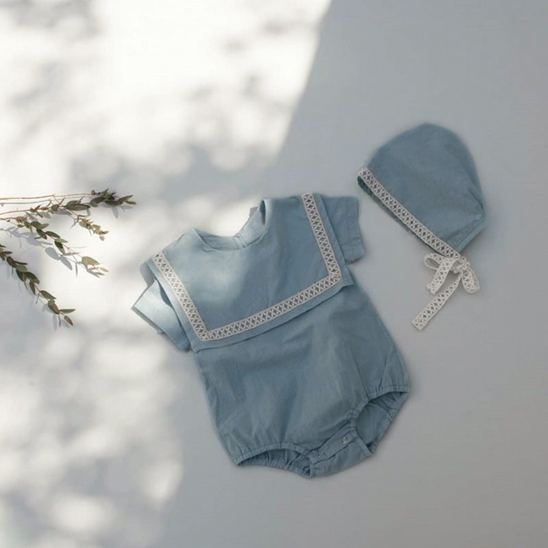 Design Summer Baby Kids Short Sleeves Color Patchwork Bodysuit with Hat