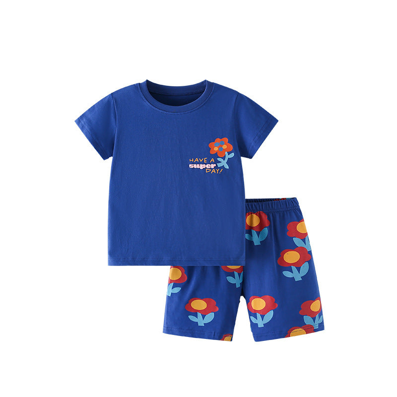 Summer Baby Kids Flowers and Letters Pattern T-shirt and Shorts Clothing Set for Girls, MyKids-USA®, Baby & Toddler Outfits, MyKids-USA - Size/Age - 100 (2-3Y) - Color - Blue -  -  - TR2504292012-A