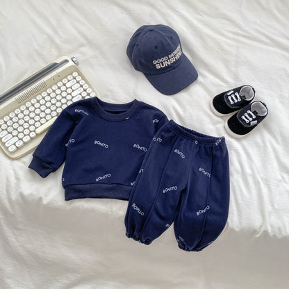 Arrival Autumn Baby Boys Long Sleeves Simple Letters Print Top Shirt and Trousers – Matching Set, MyKids-USA®, Baby & Toddler Outfits, MyKids-USA - Size/Age - 73 (6-9M) - Color - Navy Blue (Dark Blue) -  -  - TR2409011033-B