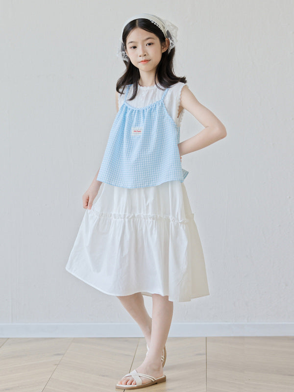Summer Arrival Sleeveless Plaid Color Patchwork Dress for Stylish Girls