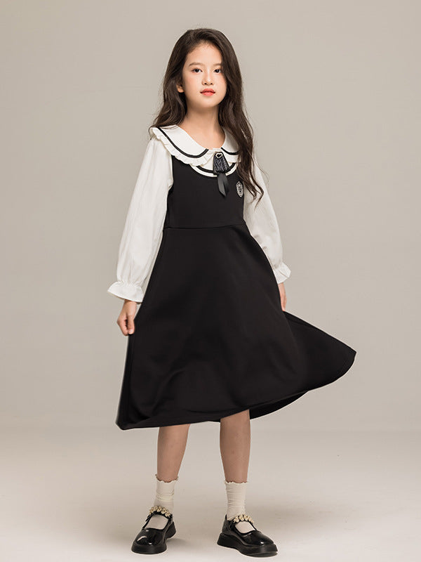 Arrival Autumn Kids Girls Long Sleeves Peter Pan Collar Shirt and Preppy Sleeveless Dress Sets