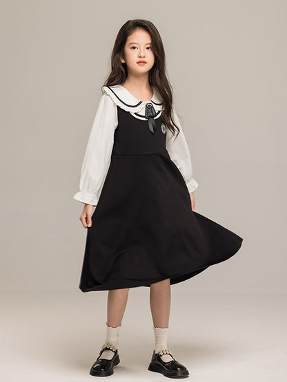 Arrival Autumn Kids Girls Long Sleeves Peter Pan Collar Shirt and Preppy Sleeveless Dress Sets