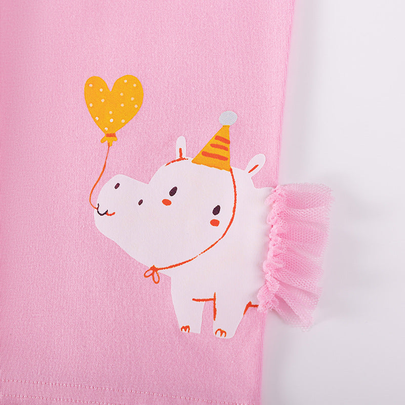 Summer Hot Selling Baby Kids Girls Short Sleeves Cartoon Pattern T-shirt and Pants Clothing Set