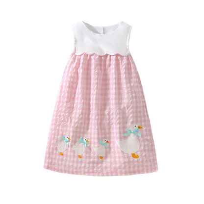 Summer Baby Girls Sleeveless Plaid Patchwork Geese Pattern Dress