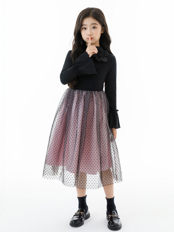 Autumn Arrival Long Sleeves Color Patchwork Dots Pattern Tulle Dress for Stylish Girls