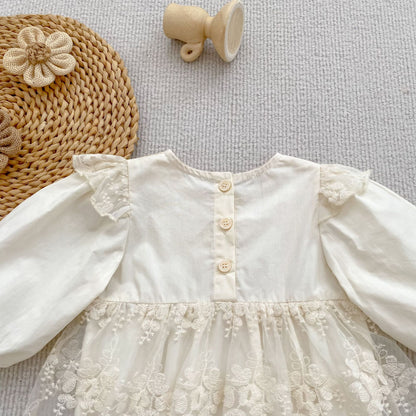 Spring Arrival Baby Girls Long Sleeves Floral Tulle Decorated Dress Design Bodysuit