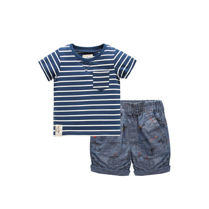 Summer Baby Kids Casual Striped Pattern T-shirt and Animals Pattern Shorts Clothing Set for Boys, MyKids-USA®, Baby & Toddler Outfits, MyKids-USA - Size/Age - 100 (2-3Y) - Color - Blue -  -  - TR2505252135-A