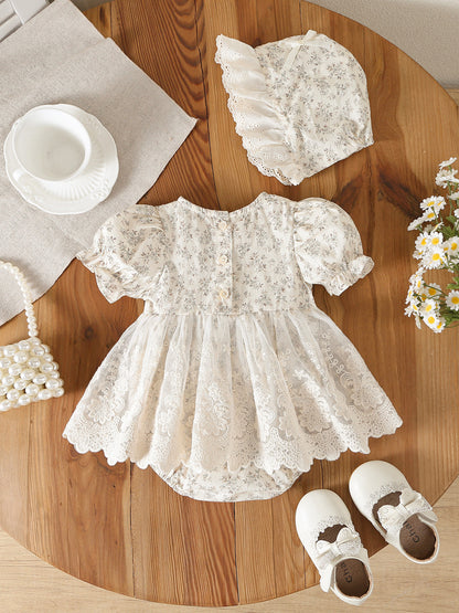 Design Summer Baby Kids Girls Short Sleeves Flowers Pattern Bodysuit Dress with Hat
