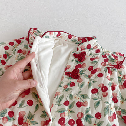 Winter Arrival Baby Girls Long Sleeves Cherry Pattern Fleece-Lined Rompers