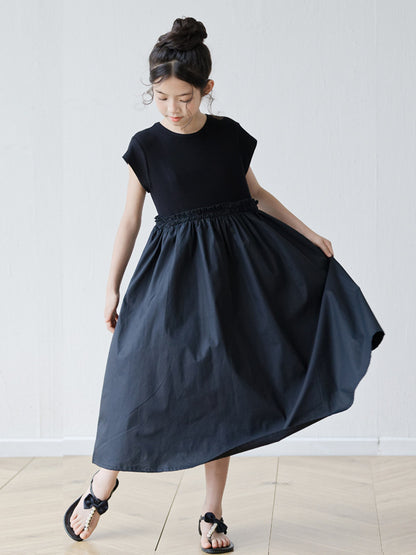 Summer Arrival Short Sleeves Patchwork Design Black Dress for Stylish Girls