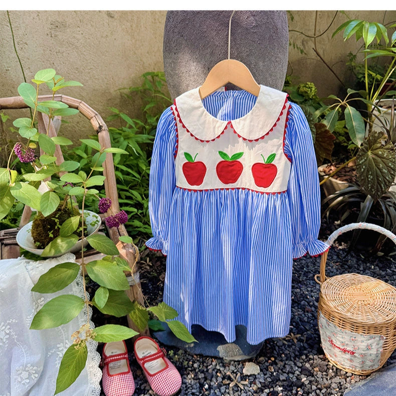 Autumn Arrival Baby Kids Girls Apples Pattern Long Sleeves Striped Dress, MyKids-USA®, Baby & Toddler Dresses, MyKids-USA -  -  -  -  -  -  - 